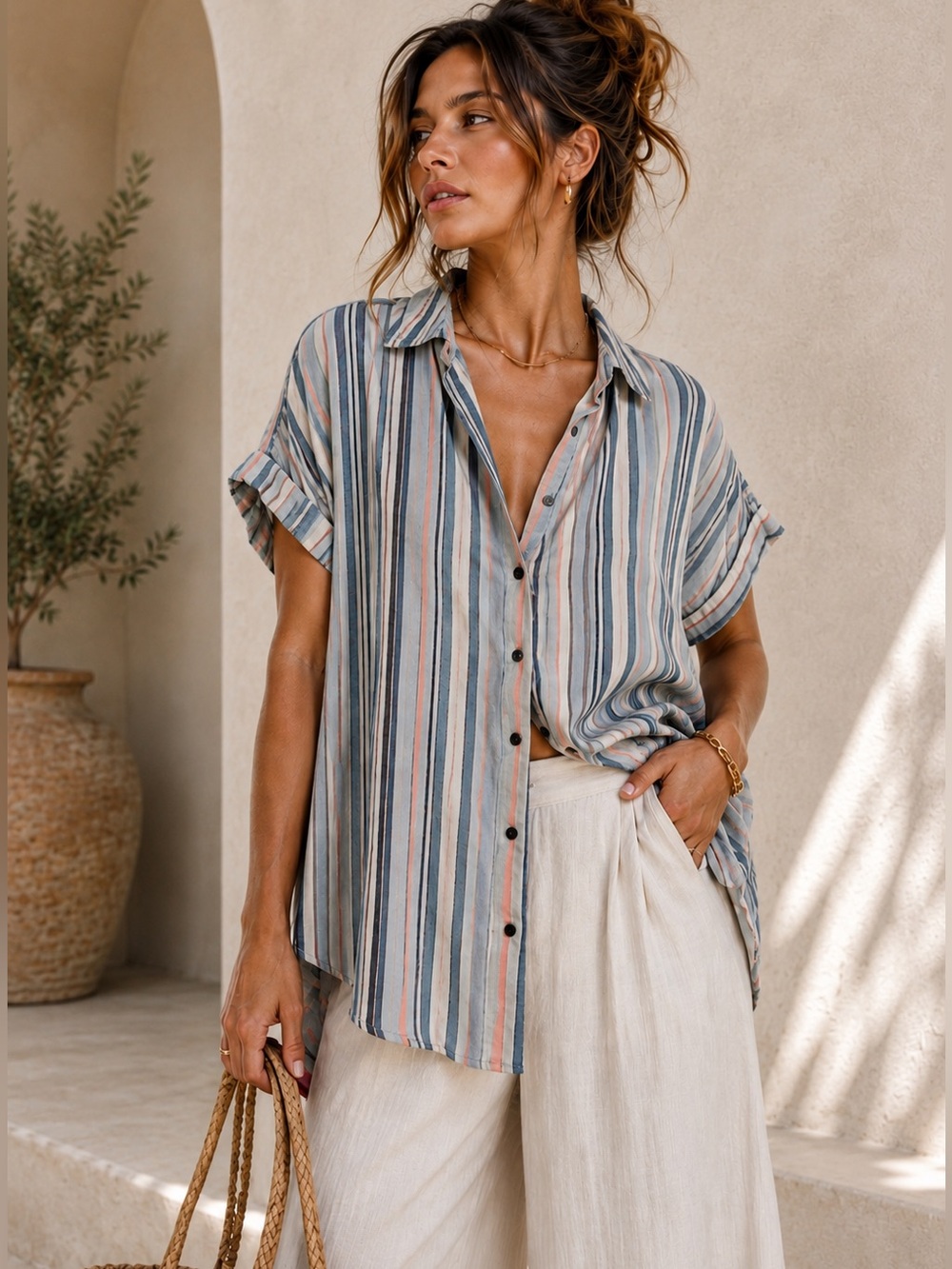 Caslon Striped Linen Blend Button Down Shirt 2X